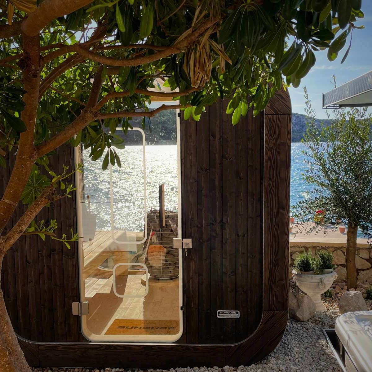 Outdoor sauna on the island of Pag by Dream Garden - a modern wellness element harmoniously integrated into Mediterranean nature