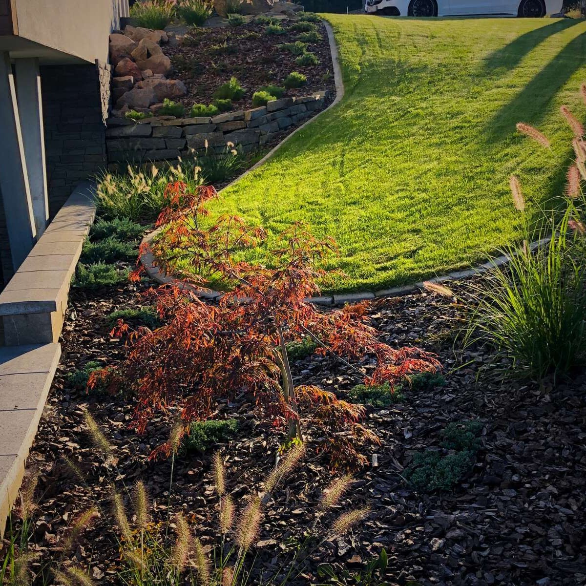 Final flower beds in the garden - professionally landscaped, planted with plants and ready for year-round beauty from Dream Garden