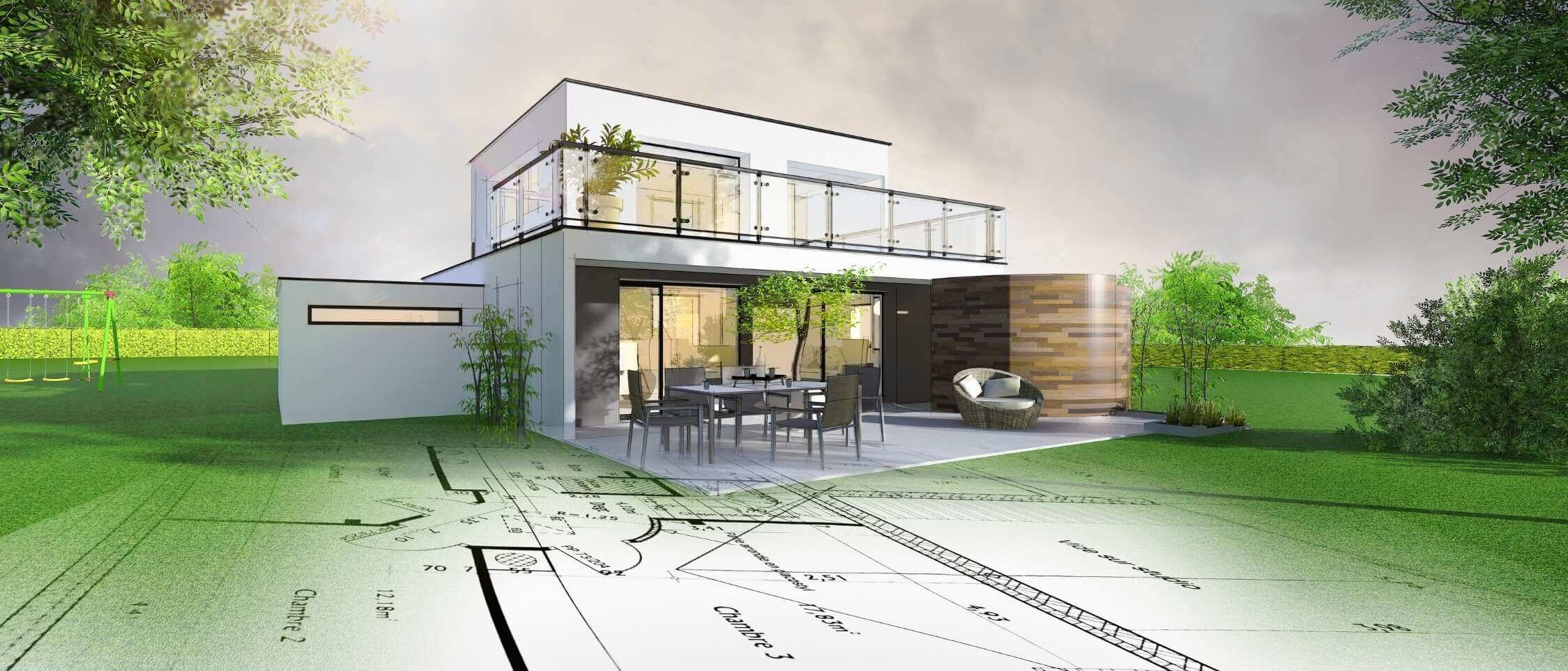 Architektonický návrh rodinného domu a exteriéru so záhradou
