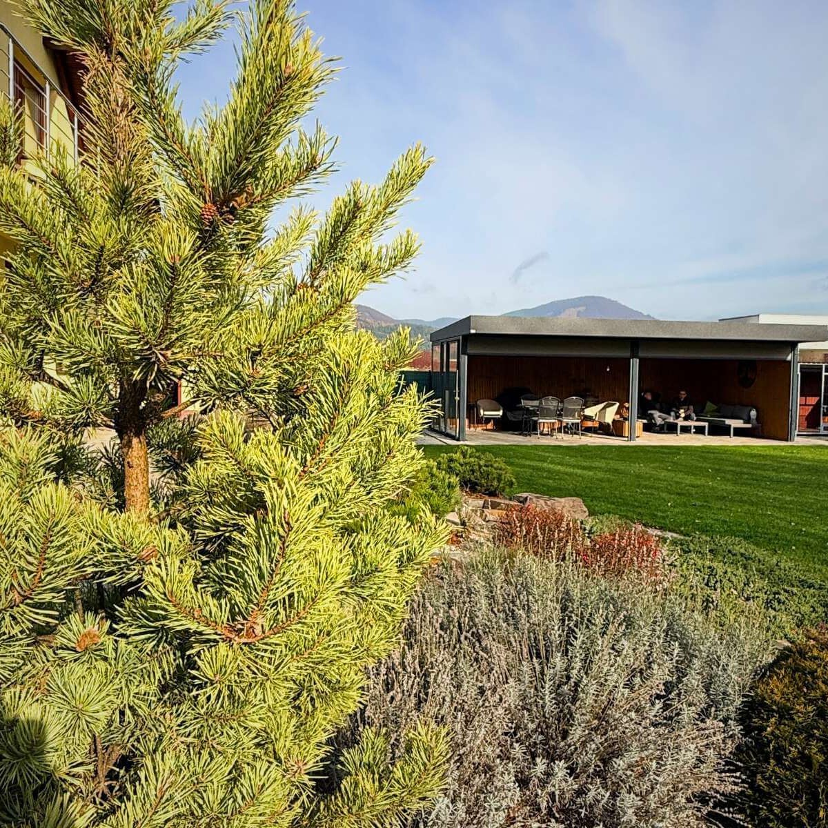 Pohľadom zo záhrady na pergolu.